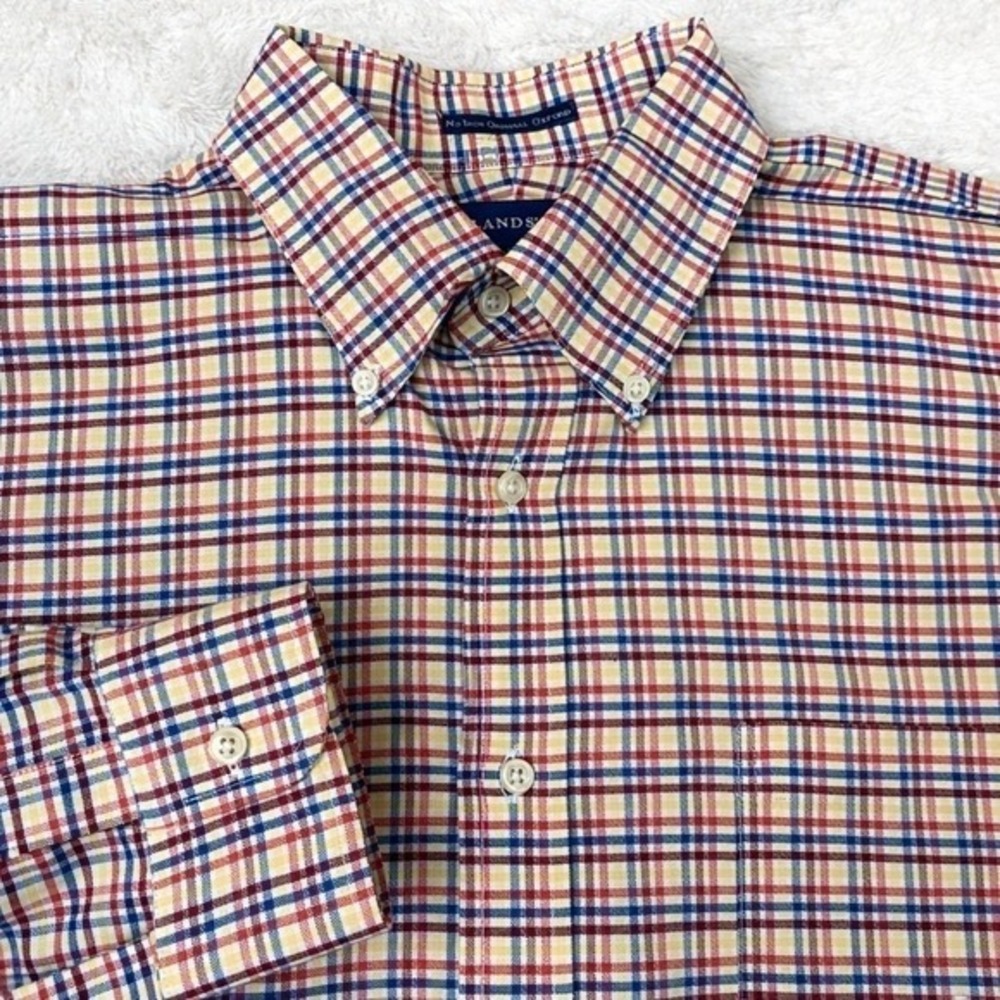 Lands End No-Iron Oxford Shirt Men 17.5-33 Navy Red Windowpane Plaid Button Down